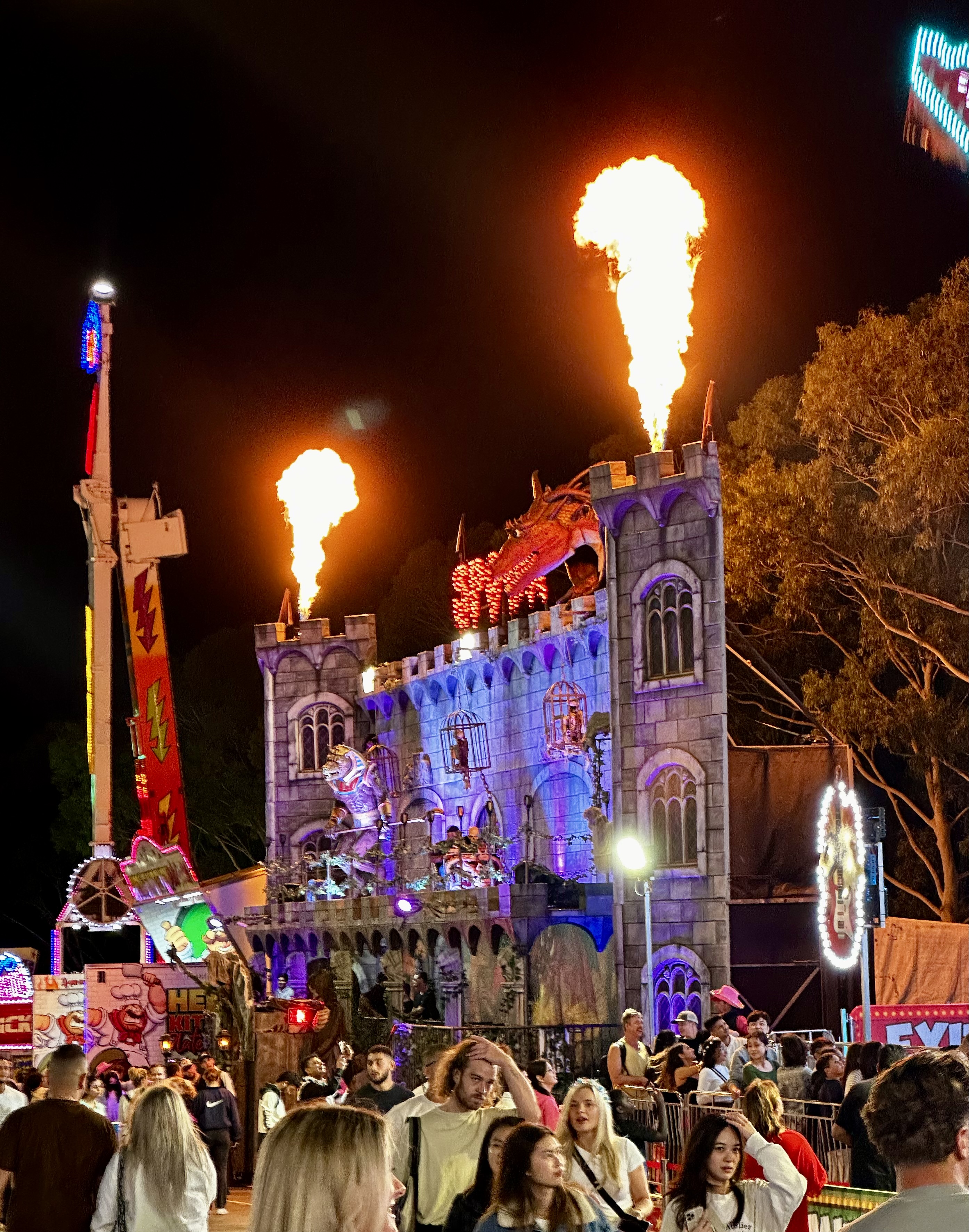 Crowd of people at night in front of a castle-themed amusement attraction with flames shooting from towers and a large red dragon head.