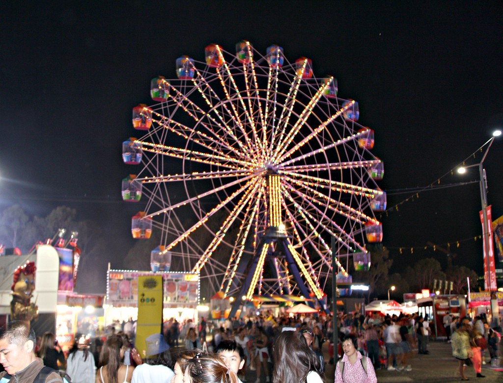 Large Ferris wheel illuminated with colorful lights at night over a crowded fairground.
