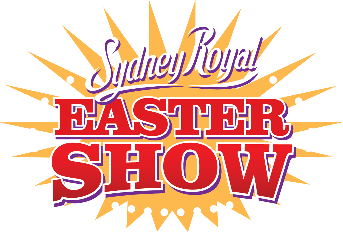 Logo for the Sydney Royal Easter Show with bold red and white text and a yellow starburst background.
