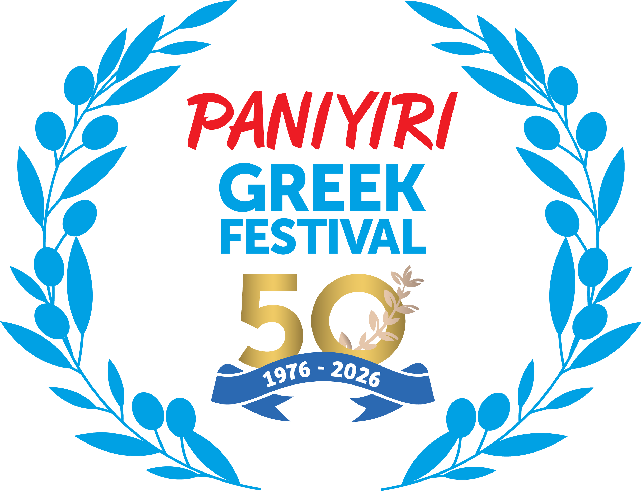 Logo for Paniyiri Greek Festival celebrating 50 years from 1976 to 2026, framed by blue olive branches.