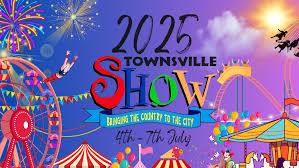 Colorful poster for the 2025 Townsville Show with fireworks, carnival rides, and a witch on a broomstick, held from 4th to 7th July.