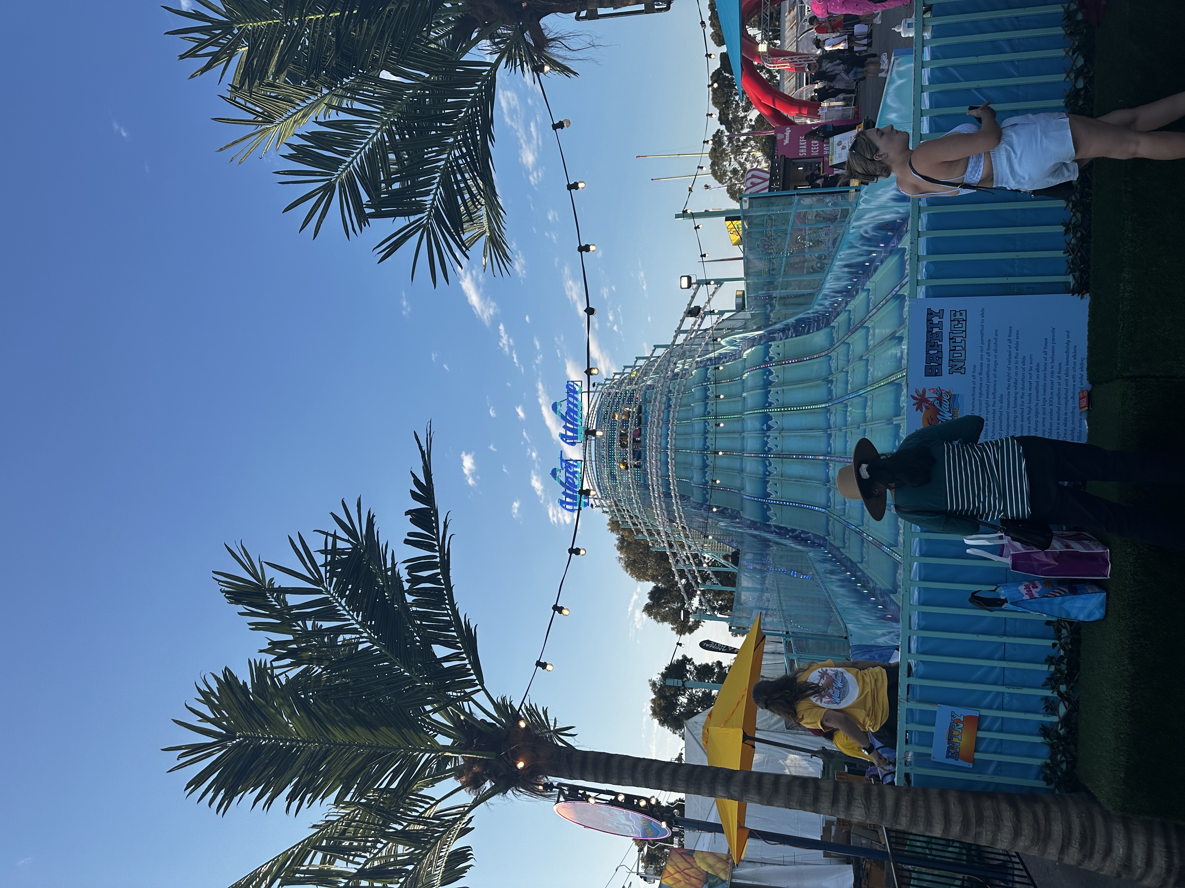 People standing in front of a large blue inflatable water slide at an outdoor fair, flanked by two palm trees and string lights overhead.