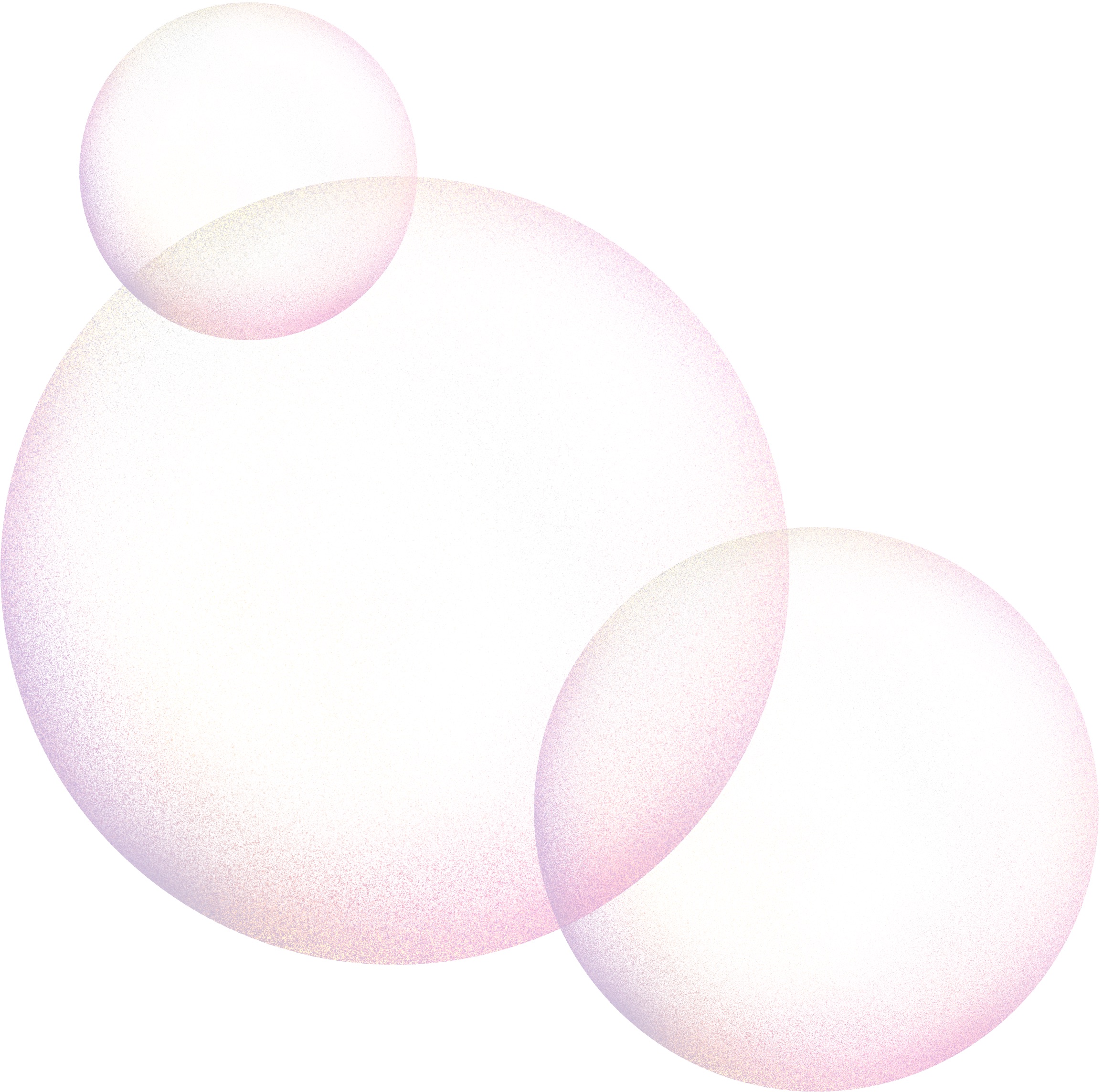 Three overlapping translucent bubbles with soft pink and purple hues on a white background.