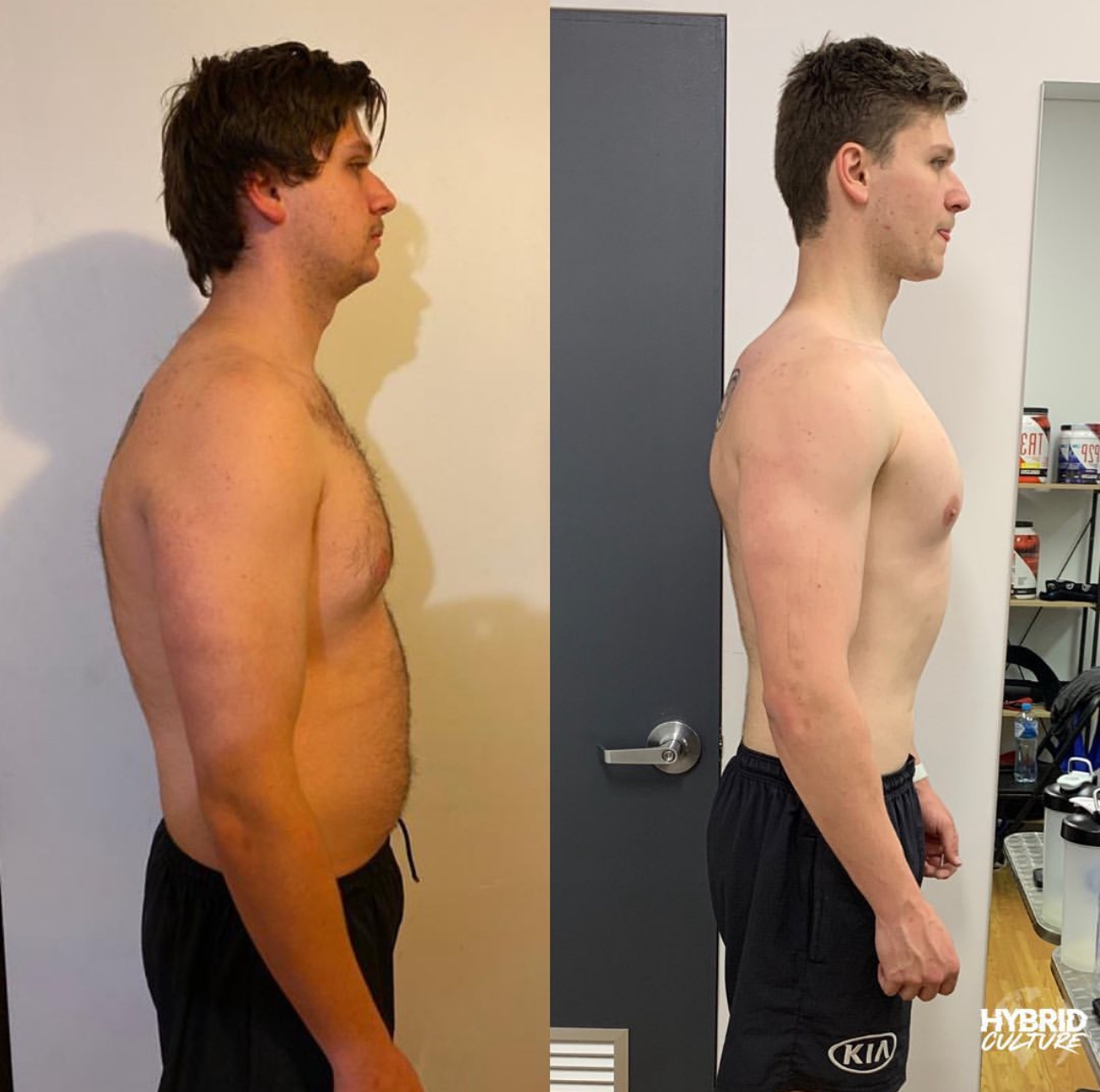 Side-by-side comparison of a shirtless young man before and after weight loss, showing reduced belly fat and more muscular definition.