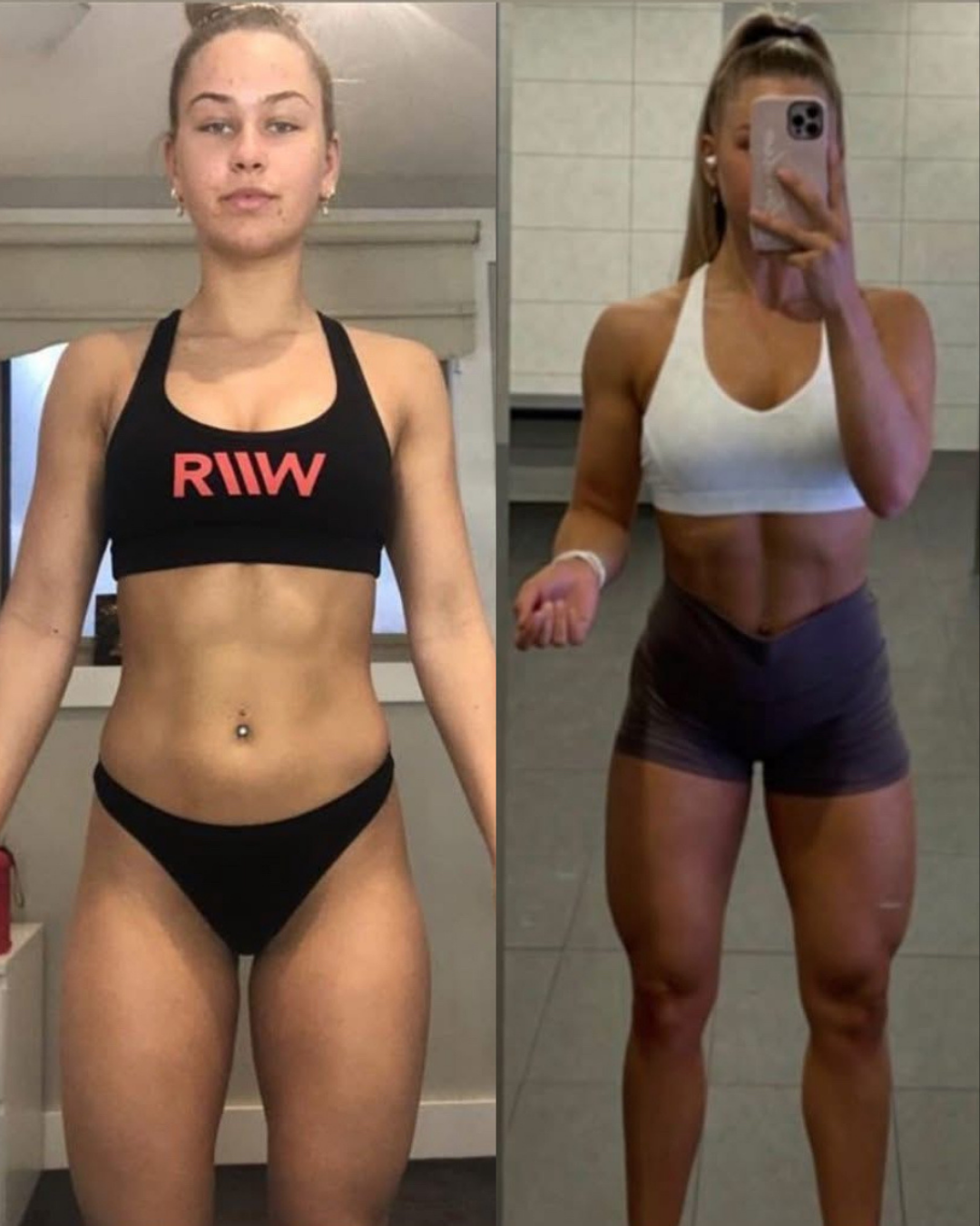 Side-by-side photos of a woman showing a fitness transformation with increased muscle definition and tone.