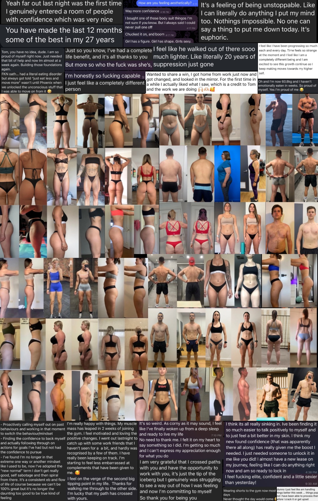 Collage of multiple before-and-after fitness transformation photos of men and women in various poses, accompanied by motivational text messages about confidence, progress, and personal growth.