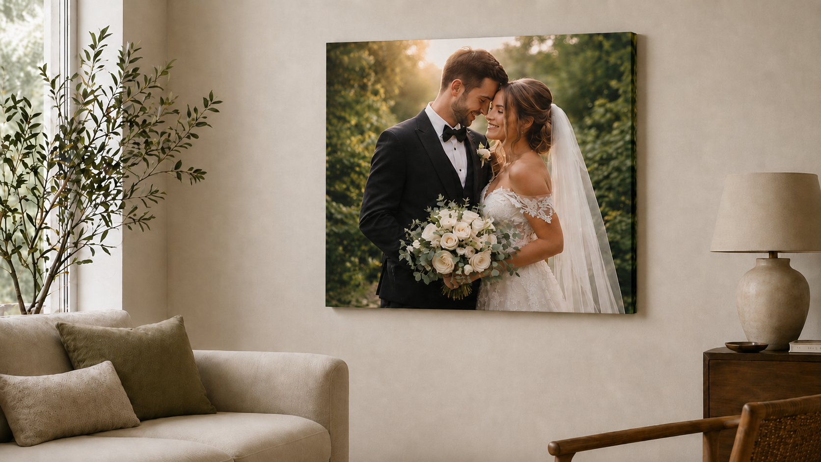 medium to large canvas print from grapheprint of a bride and groom printed by Graphe Print in Cyprus and hanging on the wall 