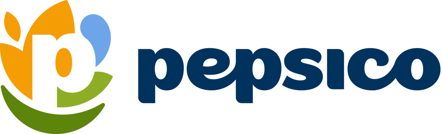 PepsiCo logo with stylized 'p' in orange, blue, and green leaf shapes beside dark blue text 'pepsico'.