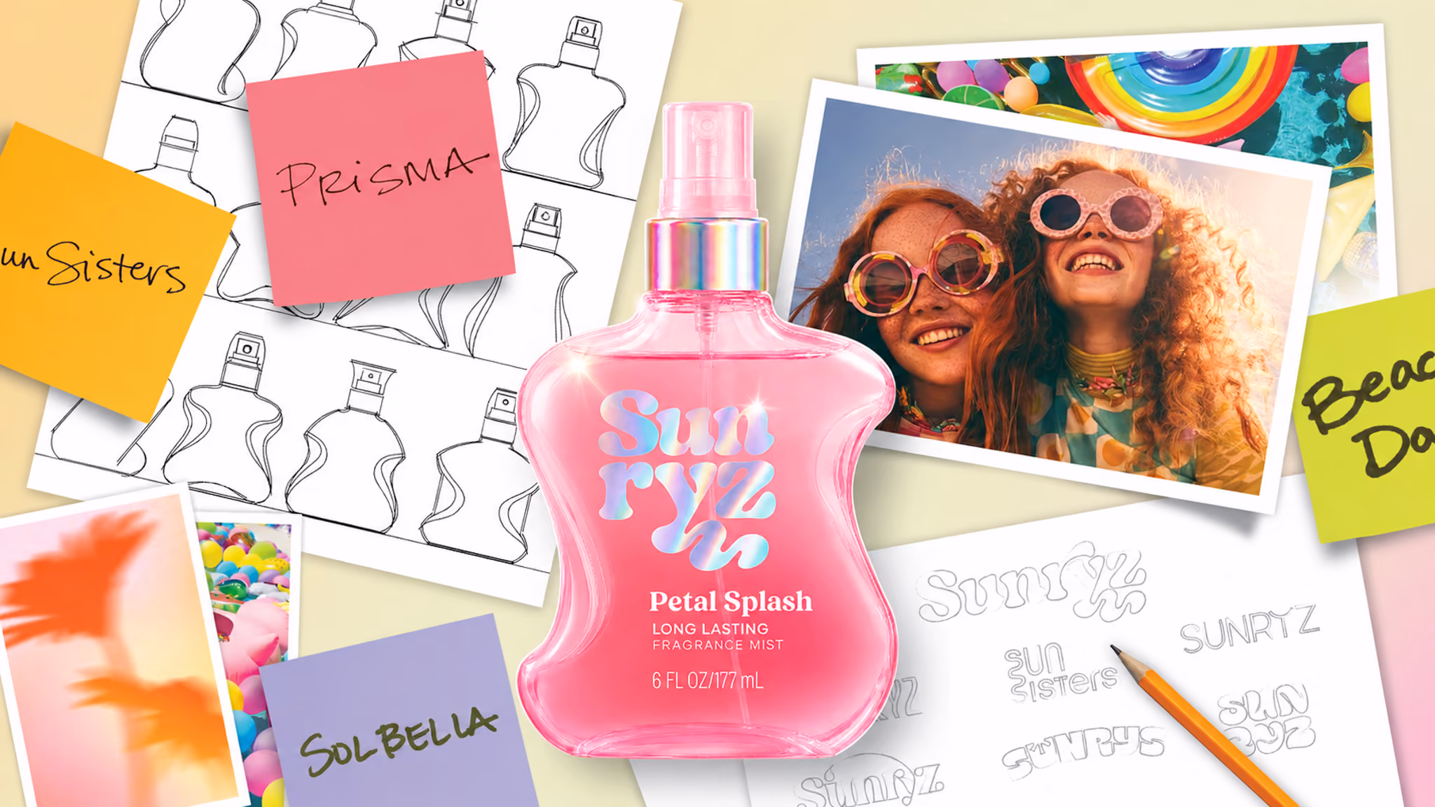 Pink bottle of Sunryz Petal Splash long lasting fragrance mist surrounded by colorful sticky notes, photos, and logo sketches.