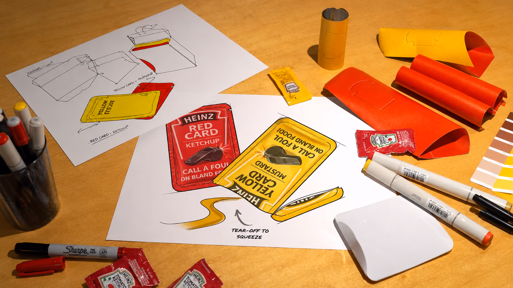 Ten packets of Plackers dental floss picks in various colors and types arranged in two rows on an orange background.
