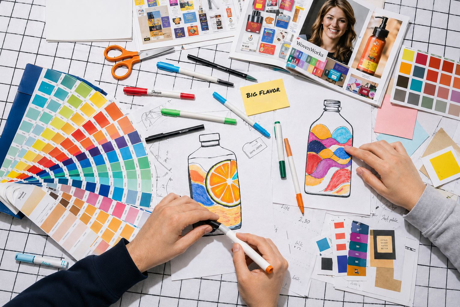 Hands coloring two bottle designs with markers among color swatches, sketches, and design tools on a grid-patterned table.
