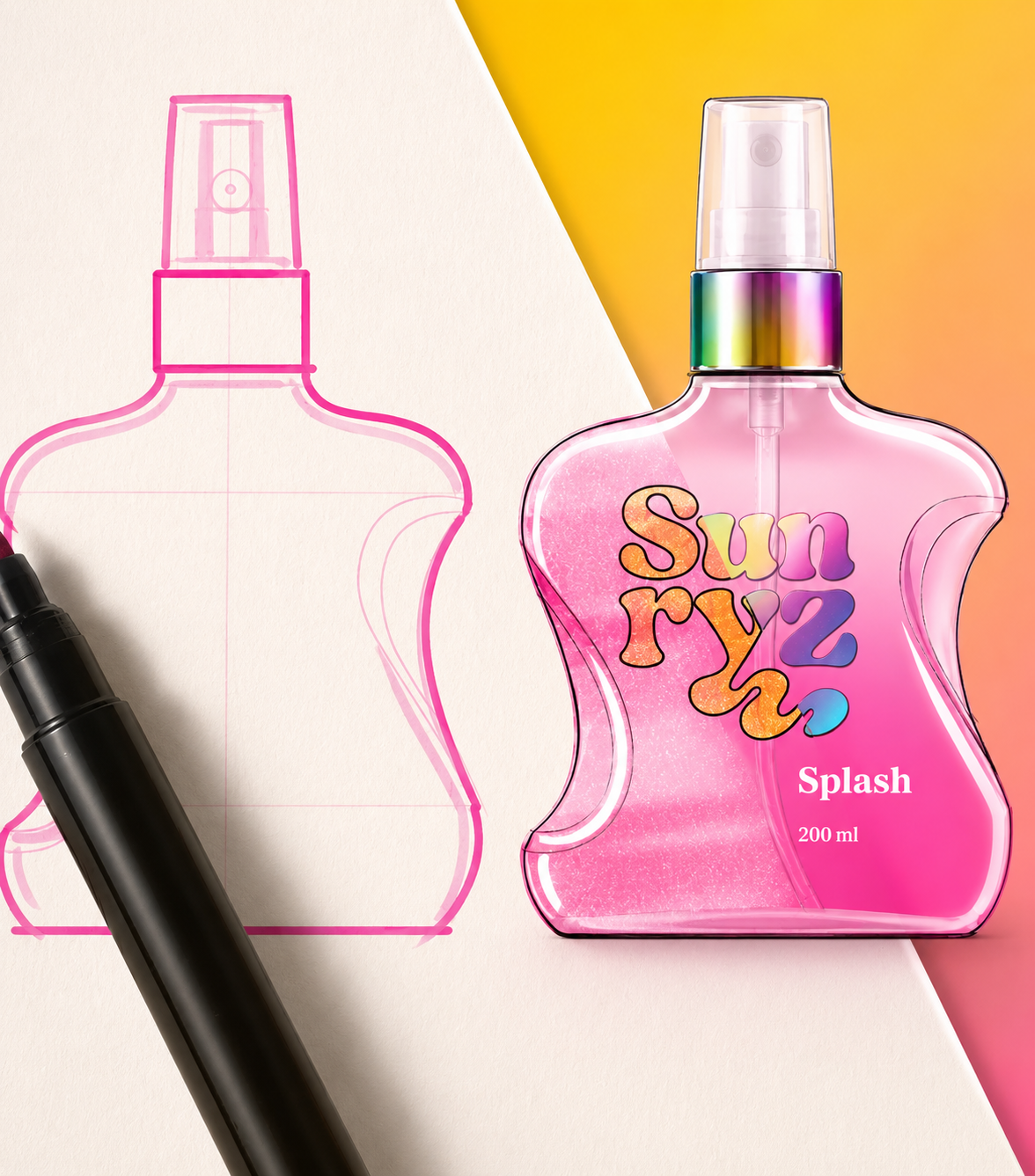 Various colorful perfume and cosmetic bottles placed on papers with color swatches and charts on a black surface.