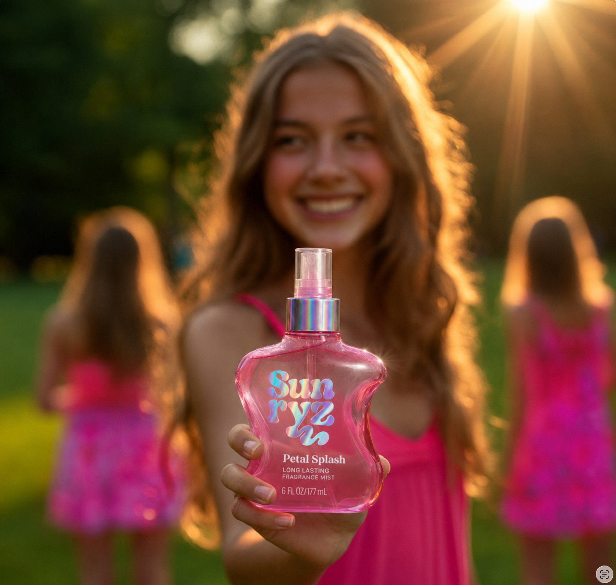 Hand peeling off a transparent sticker from a pink and clear fragrance mist bottle labeled 'Amber Sol Long Lasting Fragrance Mist 6 FL OZ/177 mL'.