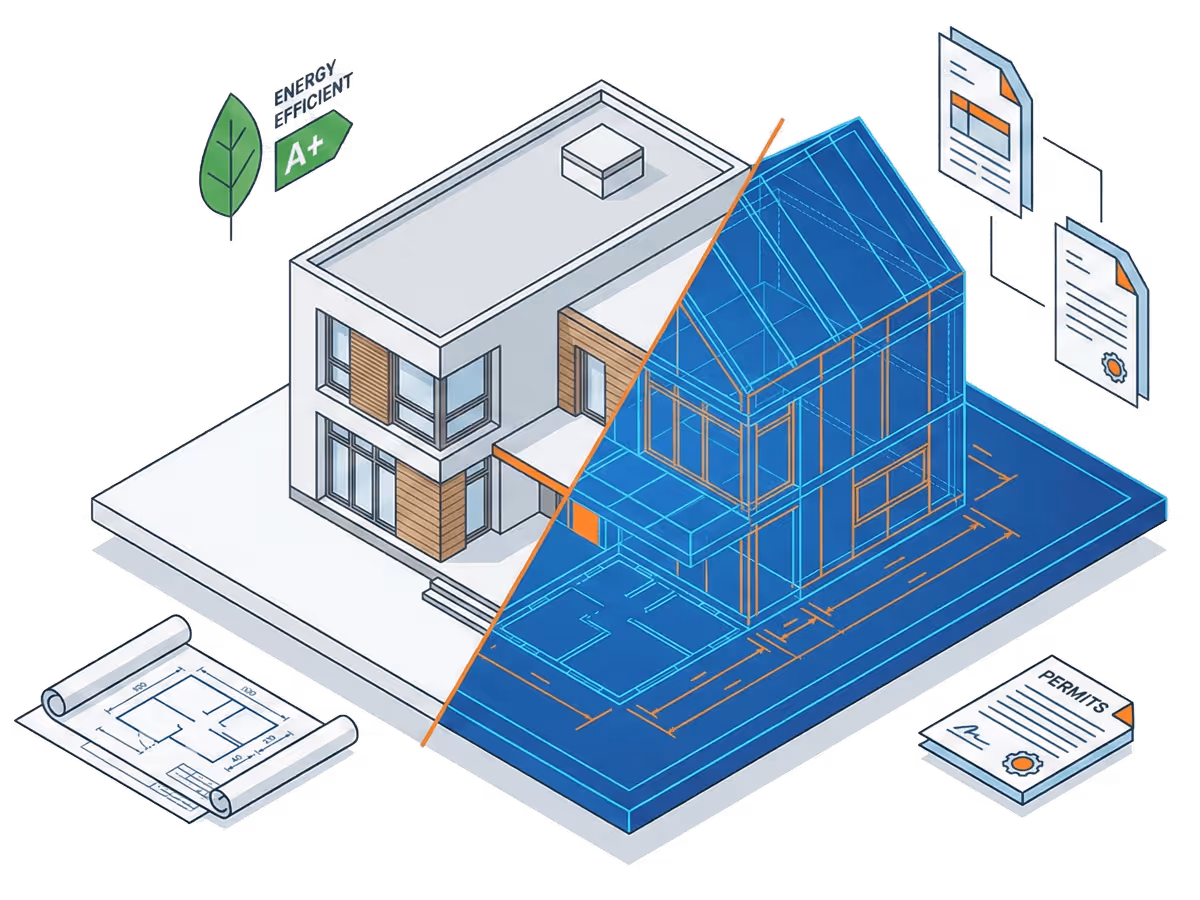Isometrische Illustration eines Hauses, halb als fertiges Gebäude und halb als blauer Bauplan. Umgeben von Dokumenten und Symbolen, die den gesamten Planungsprozess abdecken: Wohnflächenberechnung, Aufmaß & Vermessung, Grundrisse, Bauantrag, Nutzungsänderung und Energieausweis.