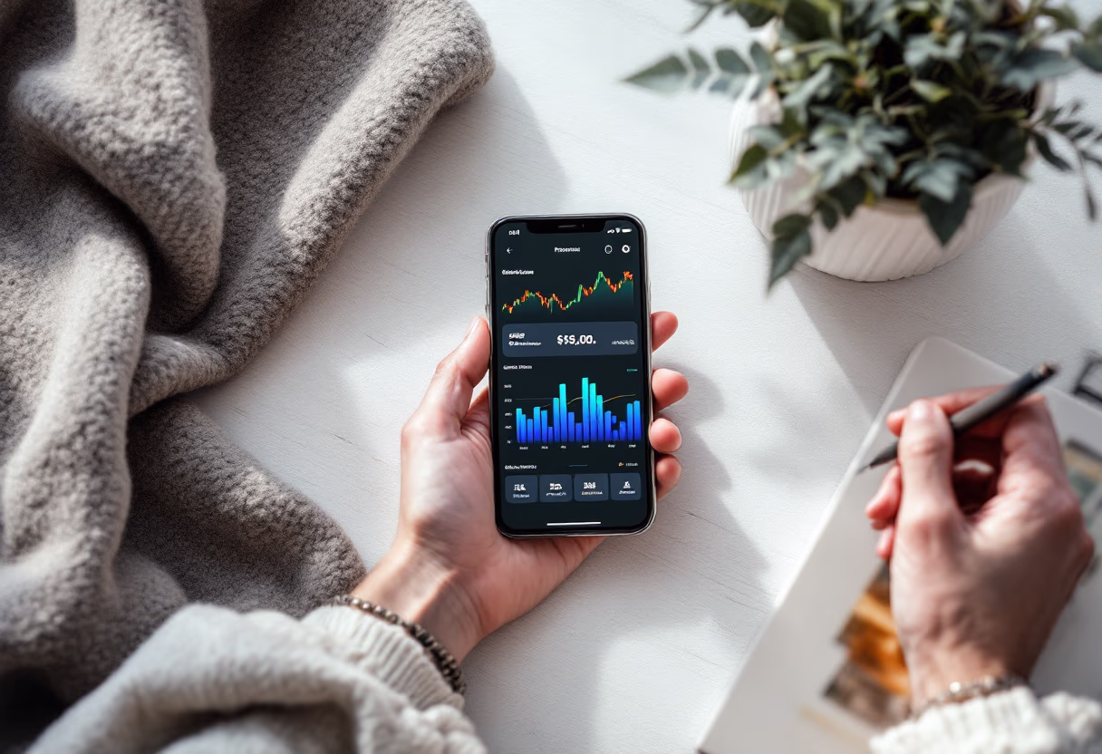 image of mobile device with a financial app interface (for a fintech company)