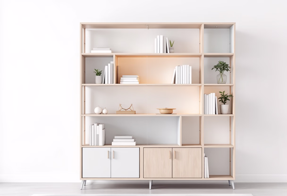 minimalist bookshelf with pastels and muted metallics in a contemporary furniture store