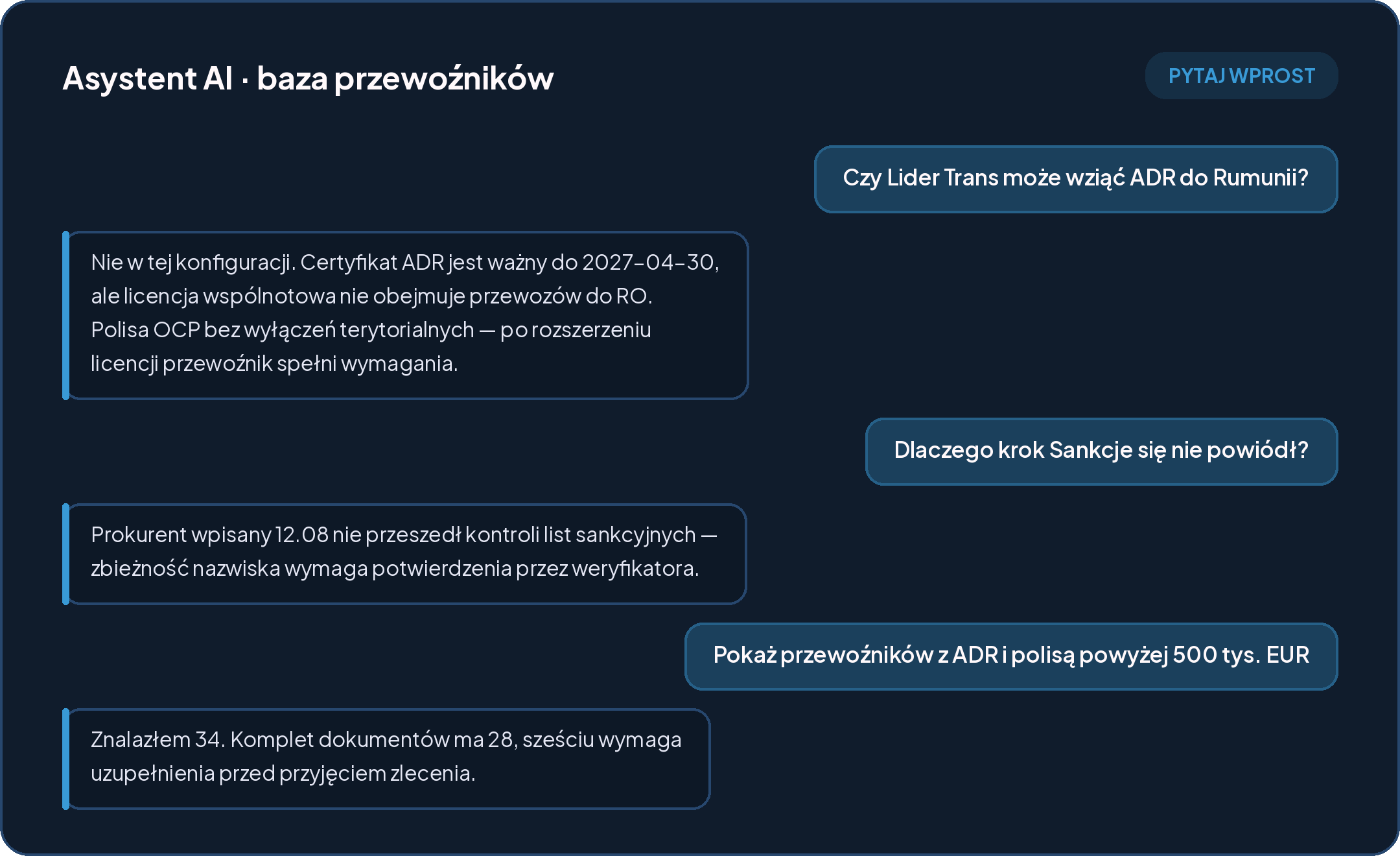 Rozmowa z asystentem AI: pytanie o uprawnienia przewoźnika do przewozu ADR, wyjaśnienie nieudanego kroku weryfikacji i wyszukiwanie przewoźników językiem naturalnym.