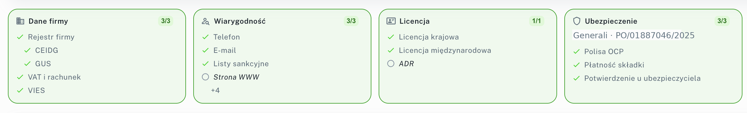 Karty grup kontroli w aplikacji CargoNest: dane firmy, wiarygodność, licencja, ubezpieczenie