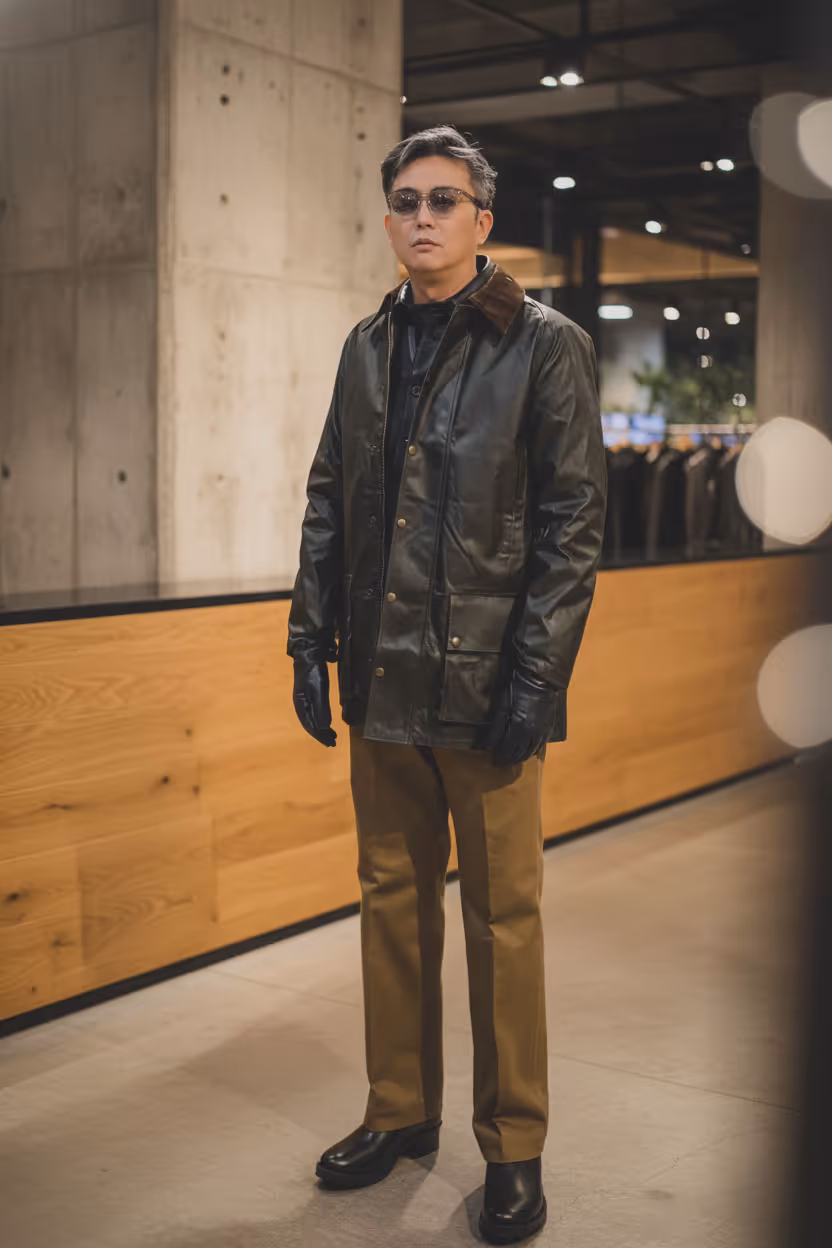 正在作設計創辦人:穿著深色皮衣、棕色長褲和黑色手套,戴著太陽眼鏡的男子站在室內現代空間中。