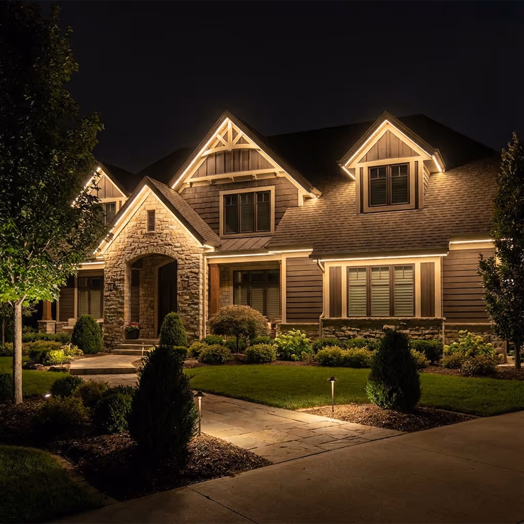 Well-lit suburban house with stone and wood exterior, surrounded by neatly landscaped yard at night.