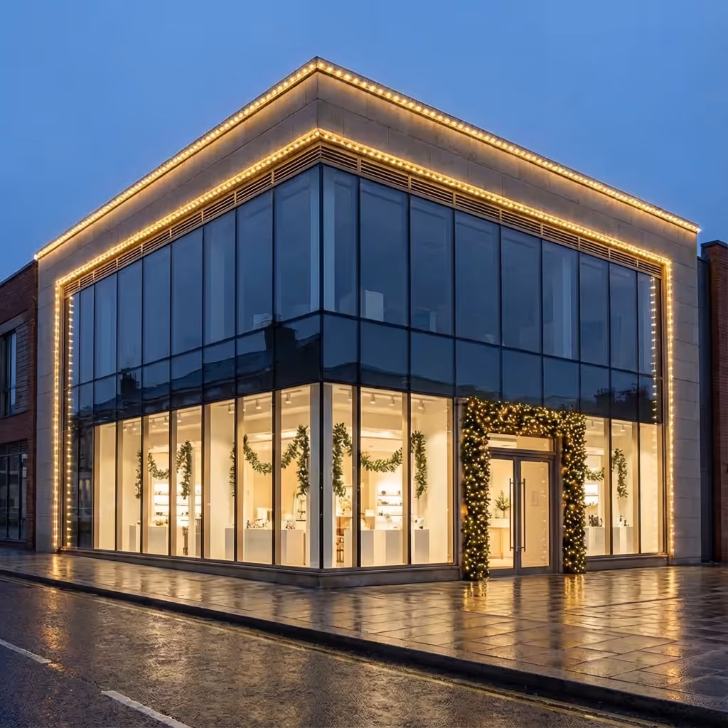 Corner glass storefront decorated with green garlands and warm white string lights during dusk.