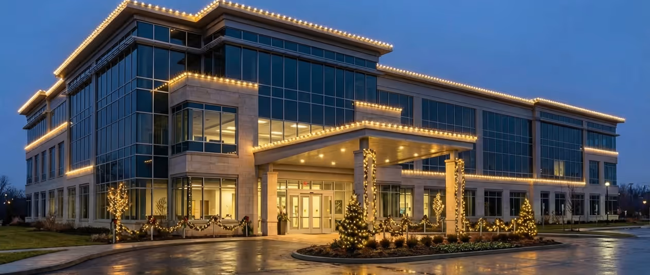 Modern office building decorated with Christmas lights and garlands at dusk.