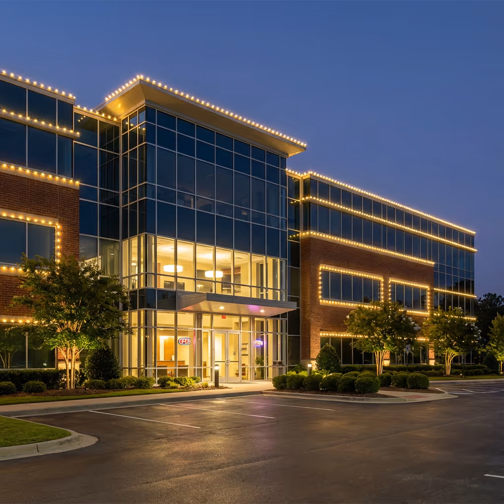 Modern office building with large glass windows and illuminated decorative lights at dusk, surrounded by landscaped shrubs and empty parking spaces.