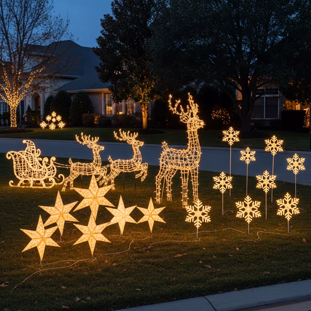 Outdoor Christmas light decorations featuring a sleigh, two reindeer, a large standing reindeer, illuminated stars, and snowflakes on a lawn at dusk.