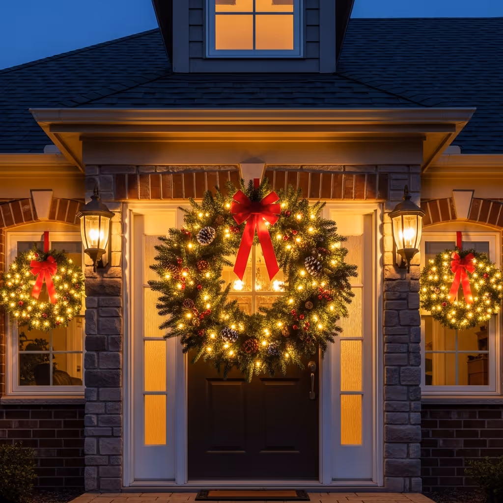 Front door of a house decorated with three illuminated Christmas wreaths adorned with red bows, pine cones, and berries at dusk.
