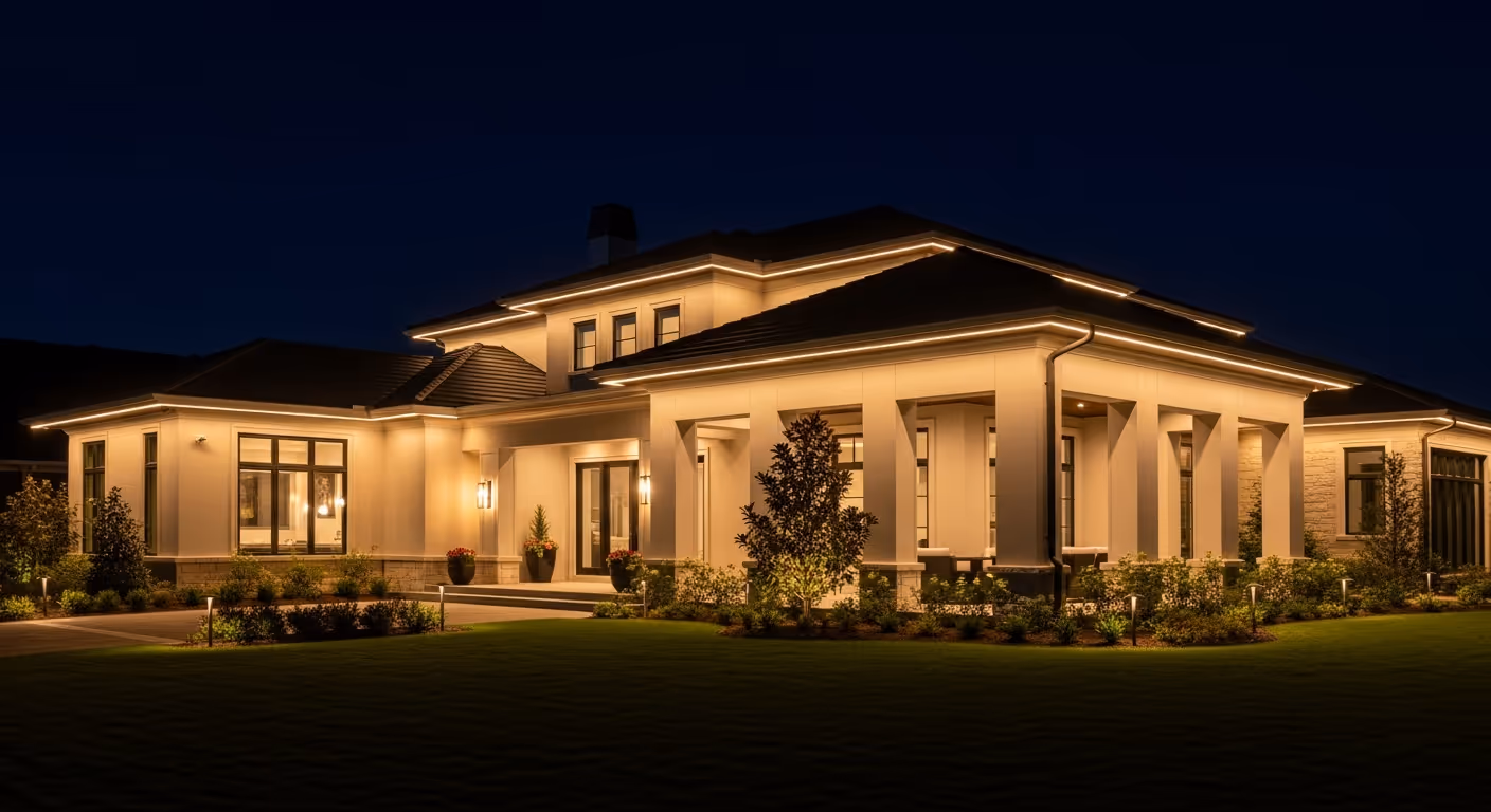 Modern single-story house illuminated with warm exterior lighting at night surrounded by a landscaped lawn and shrubs.