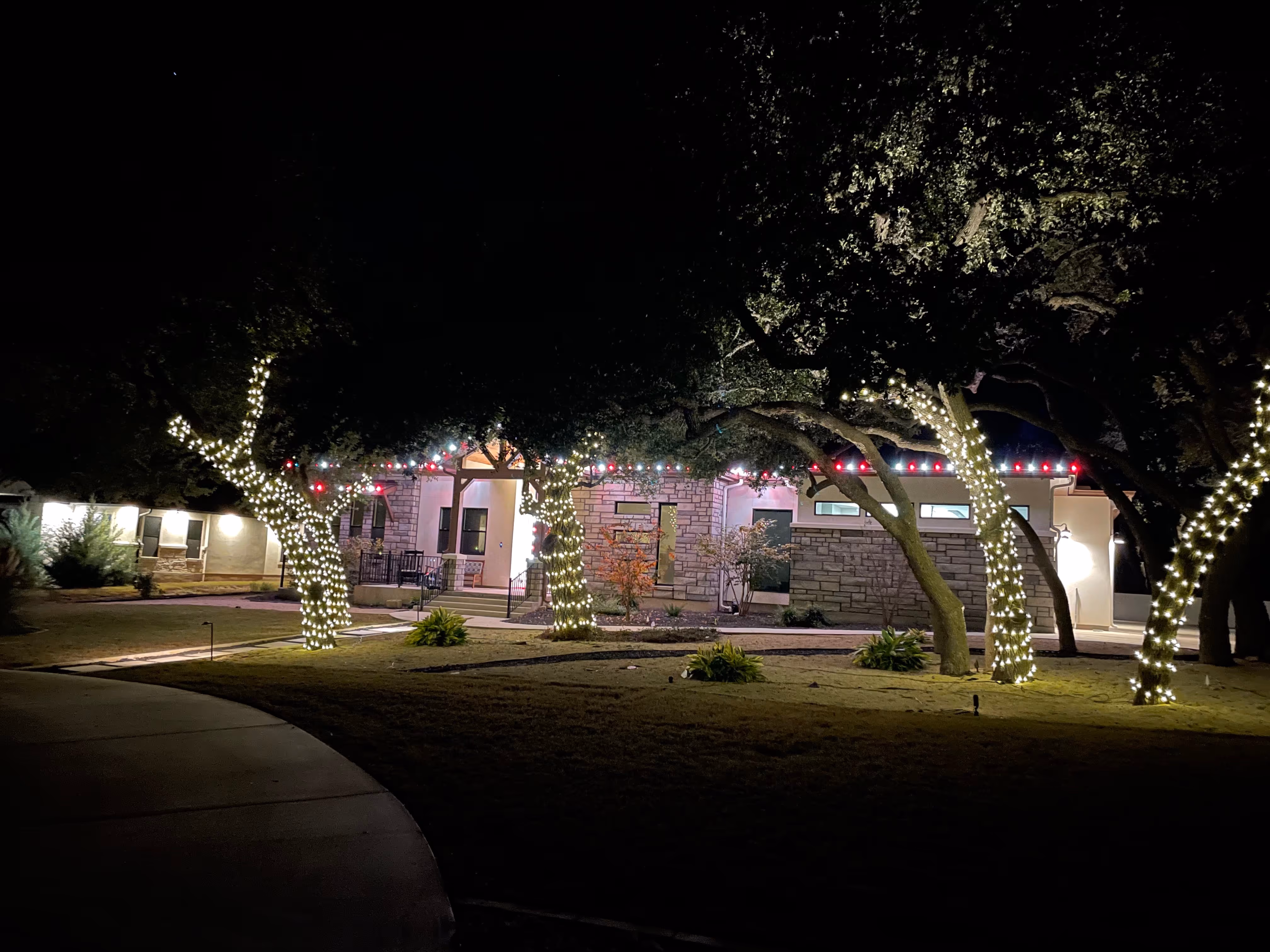 Trees wrapped with white string lights in front of a stone and stucco house decorated with red and white lights at night.