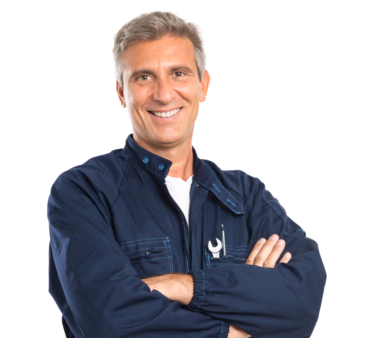 Smiling man with gray hair wearing a navy blue work jacket, arms crossed.