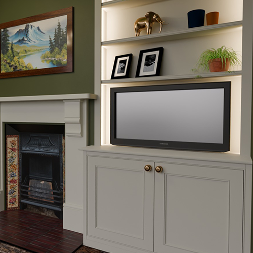 Living room wall with a fireplace, built-in shelves holding frames, a plant, and a TV below.