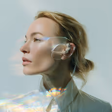 Profile of a woman with light brown hair wearing a translucent, futuristic-looking headset.