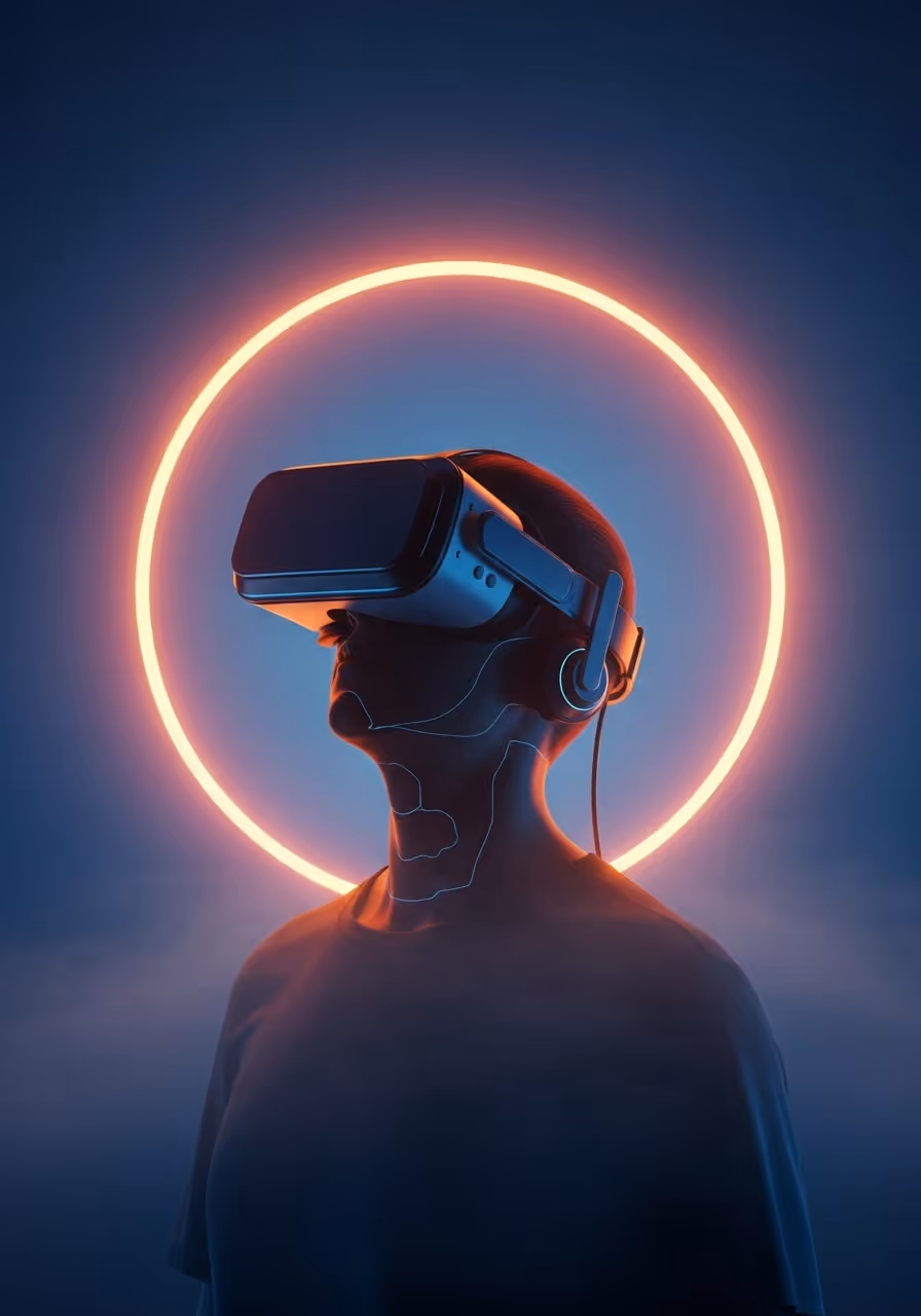 Person wearing a virtual reality headset with a glowing orange halo behind their head in a dark, misty environment.