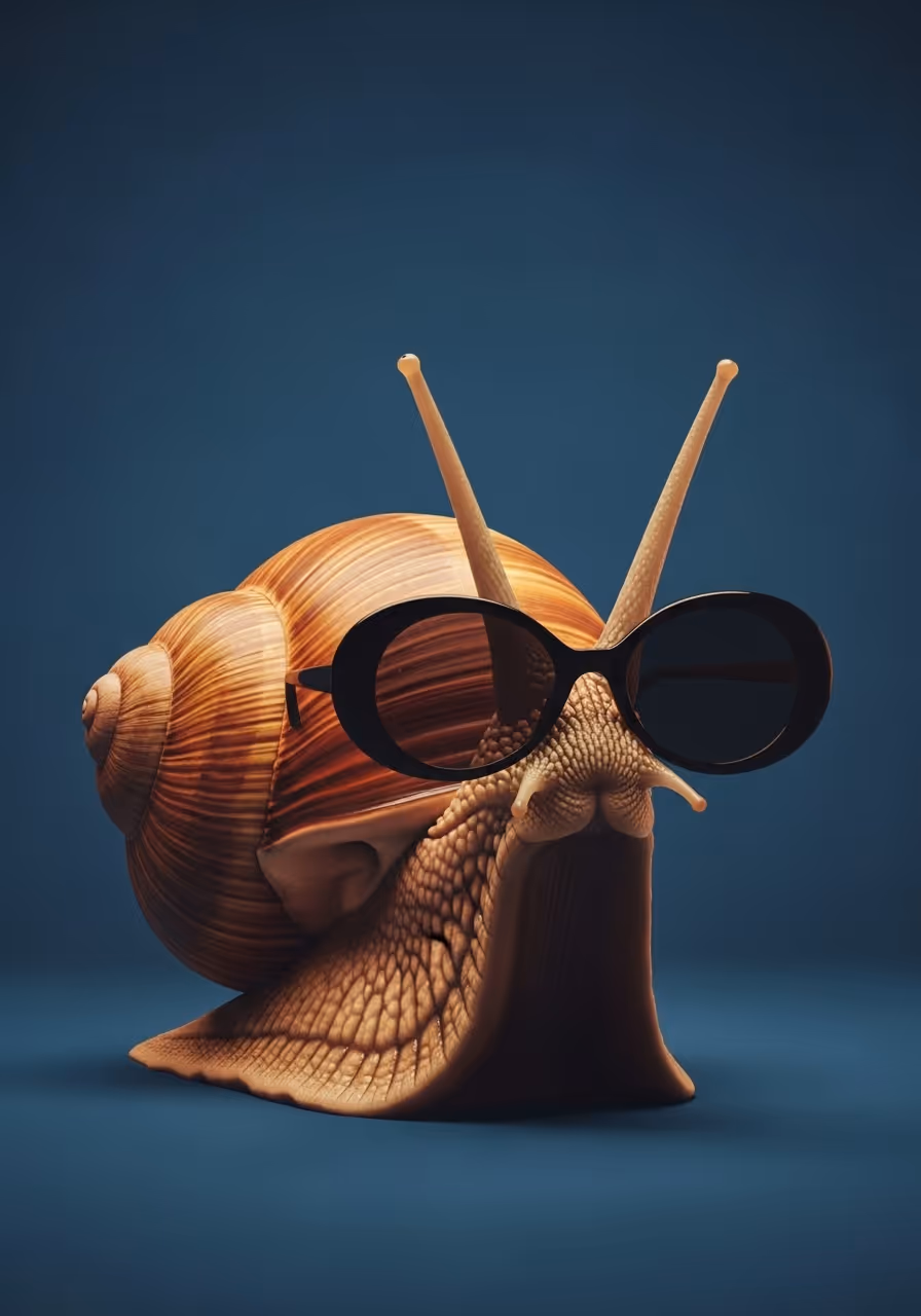 Close-up of a brown snail wearing large black sunglasses against a dark blue background.