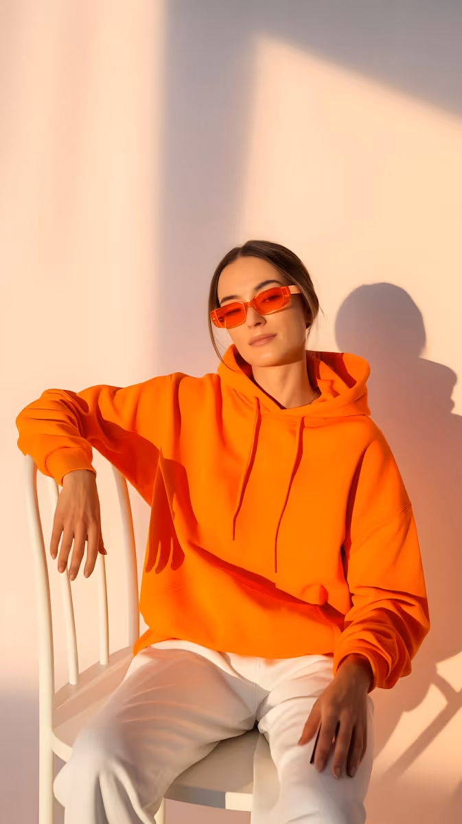 Woman sitting on white chair wearing an orange hoodie and matching orange sunglasses against a light pink wall.