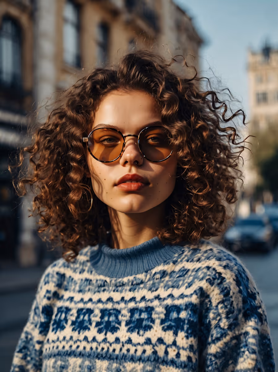 Young woman with curly hair wearing round sunglasses and a blue patterned sweater outdoors in a city.