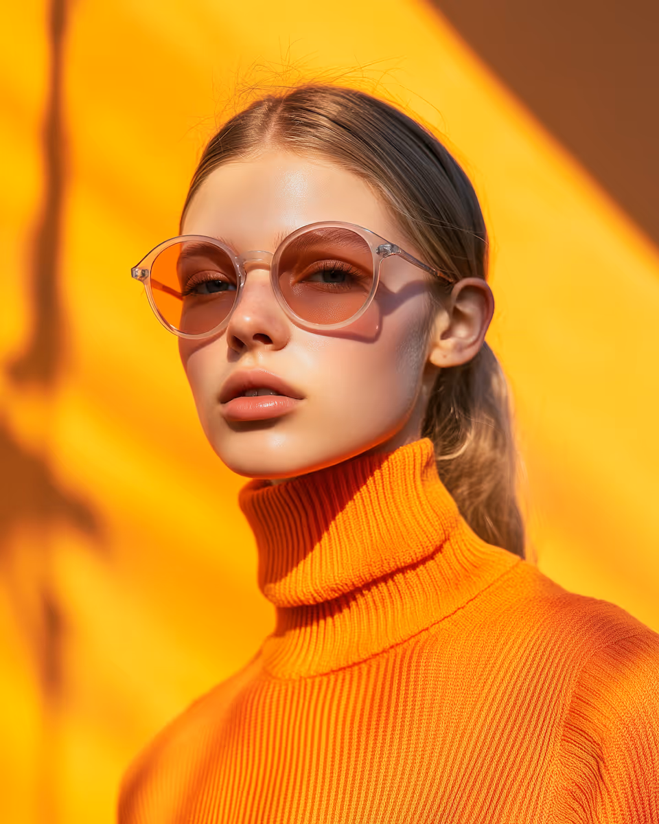 Young woman wearing round orange-tinted sunglasses and an orange turtleneck sweater against a bright orange background.