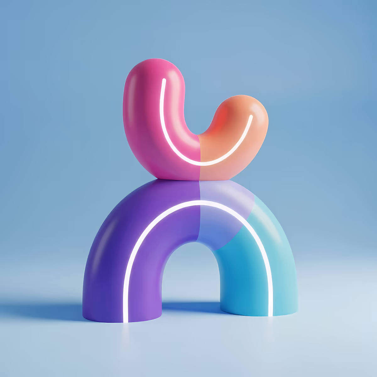 Abstract colorful sculpture with pink and peach curved shapes on top of a purple and cyan arch against a light blue background.