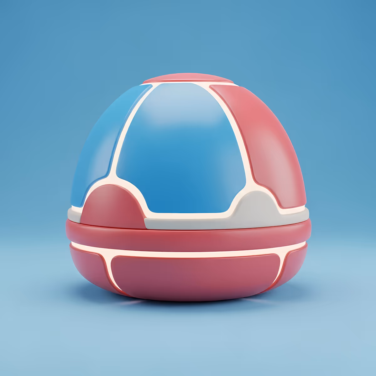 Red and blue sci-fi spherical object with white illuminated accents on a light blue background.