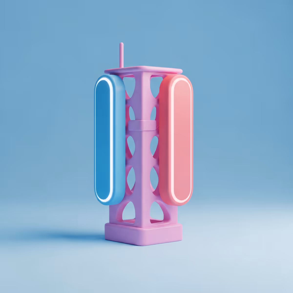 Pink vertical structure with blue and pink rounded rectangular panels on each side, against a blue background.