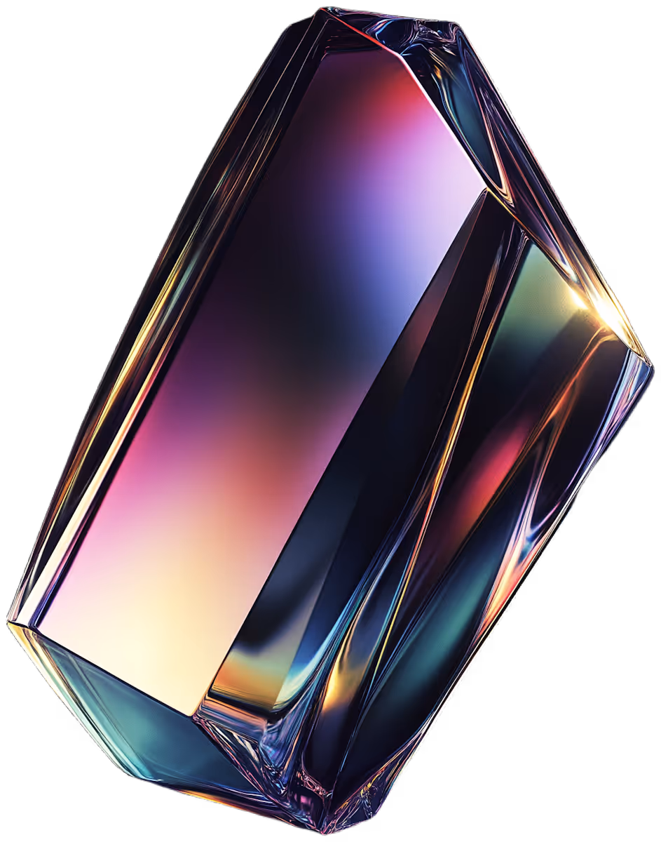 Multifaceted translucent prism reflecting a spectrum of colors against a black background.