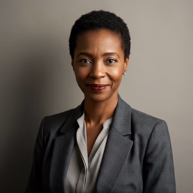 Confident woman with short curly hair wearing gray plaid blazer and white blouse against a neutral background.