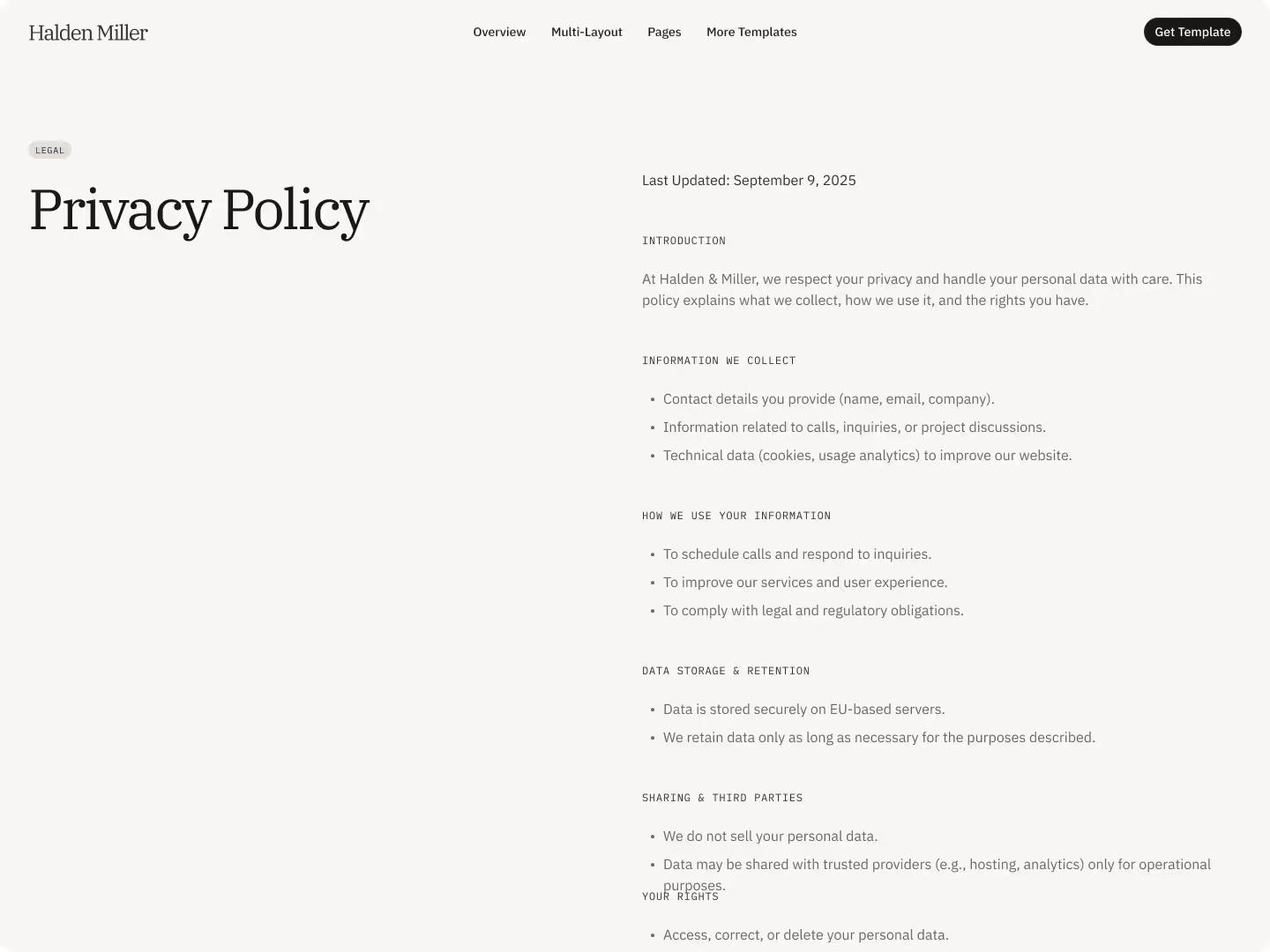 Legal policy page with simple text layout explaining terms and privacy information.