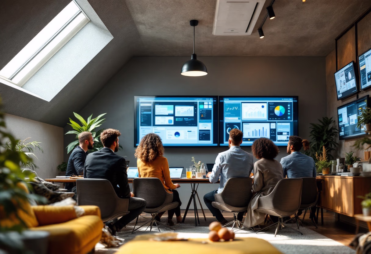 image of busy office with team collaborating (for a fintech company)
