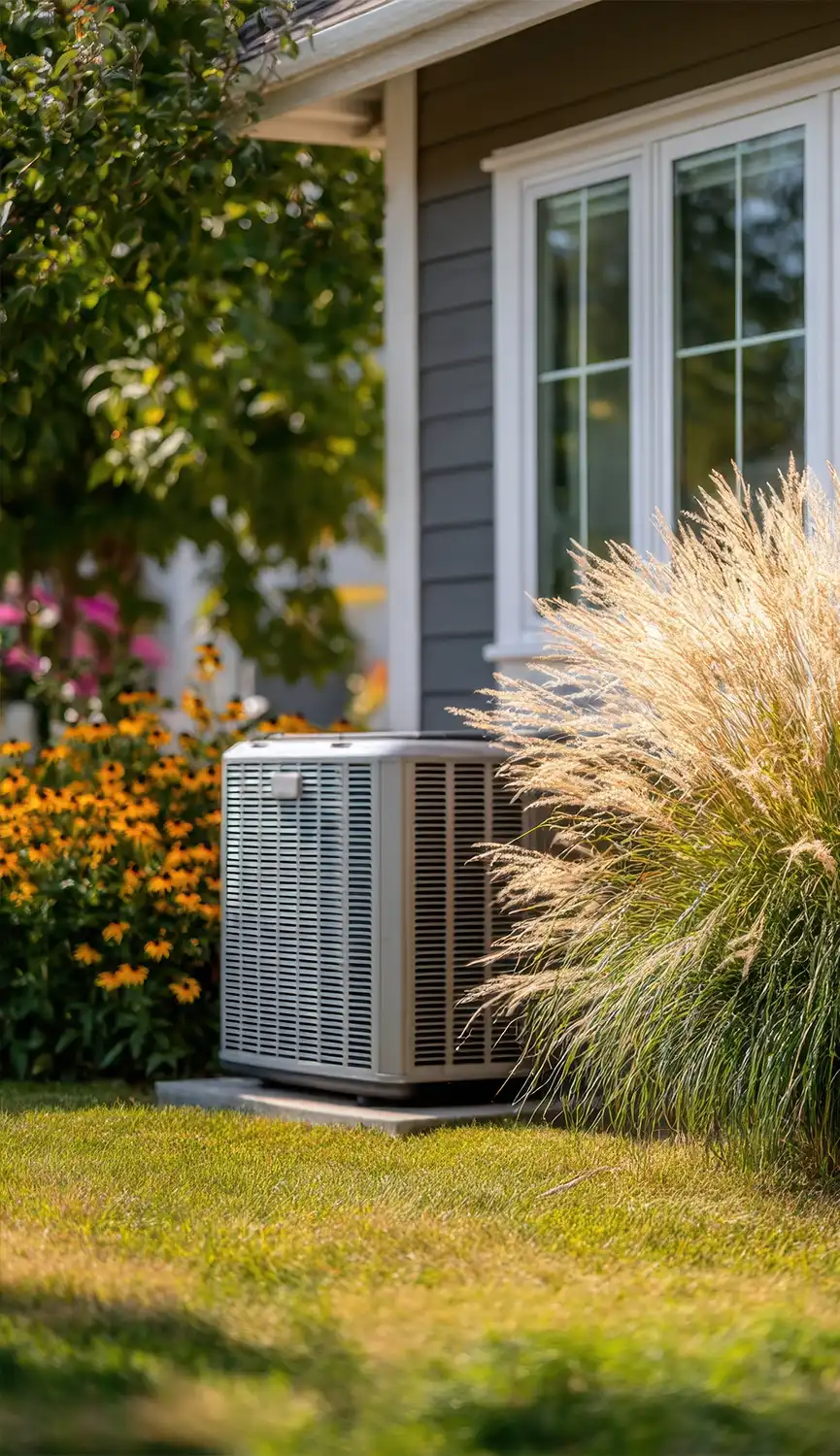 An Air Conditioning unit outside of a home surrounded by flowers and plants
