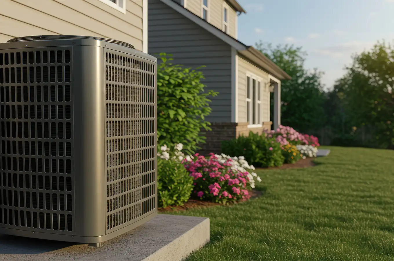 An HVAC unit in the backyard of a home