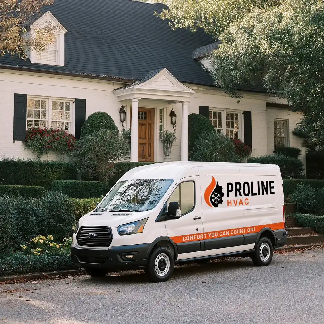 Proline HVAC van sitting in the street in front of a home in East Tennessee