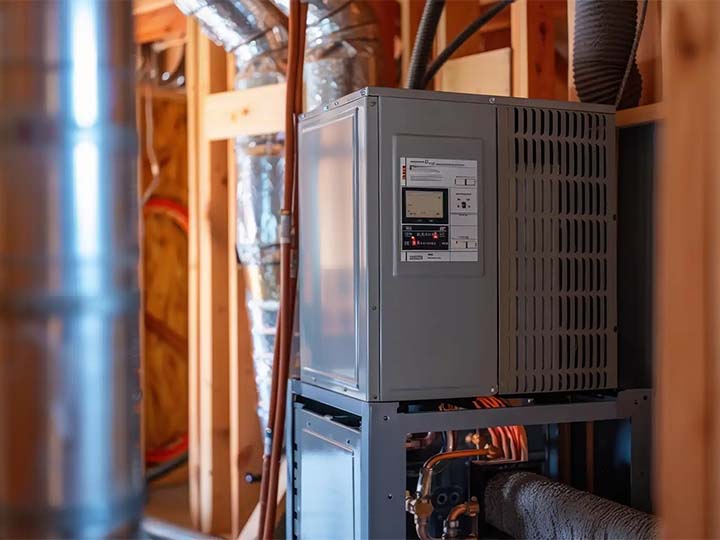 A furnace in the basement of a residential home